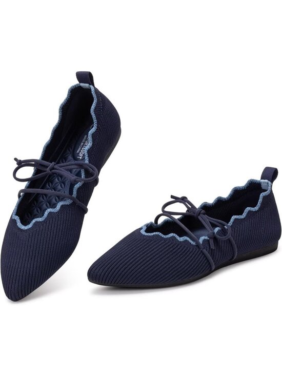 Shoes - Women's Navy Rubber Knitted Slip On Pointed Toe with Ruffled Vamp Elastic Flats